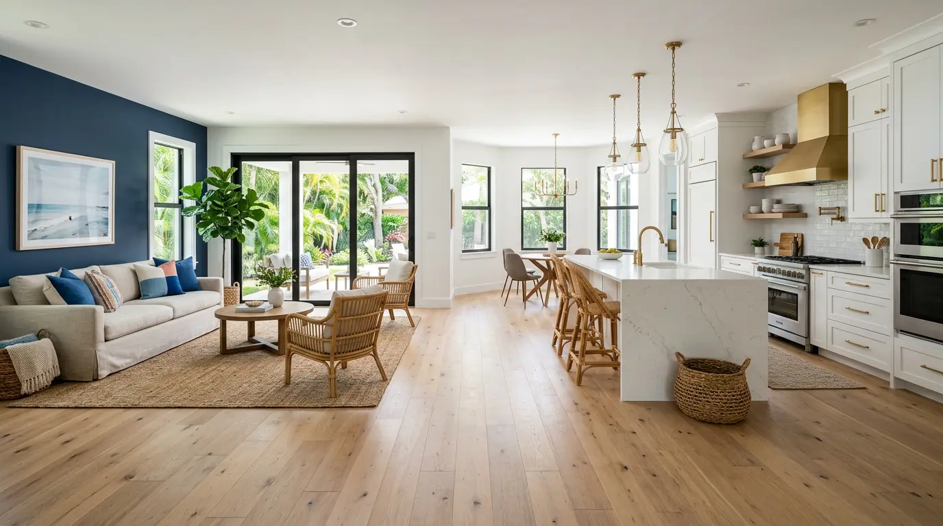 A bright, renovated open-concept living room and kitchen